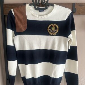 Ralph Lauren Navy & White Striped Crewneck Sweater with Crest and Faux Leather